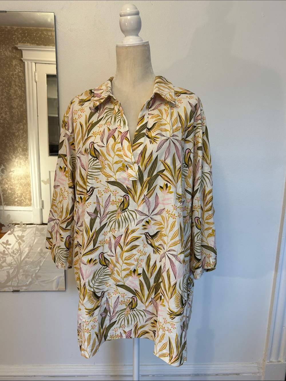 Joie White Tropical Button-Down Shirt with Yellow & Green Leaf Print